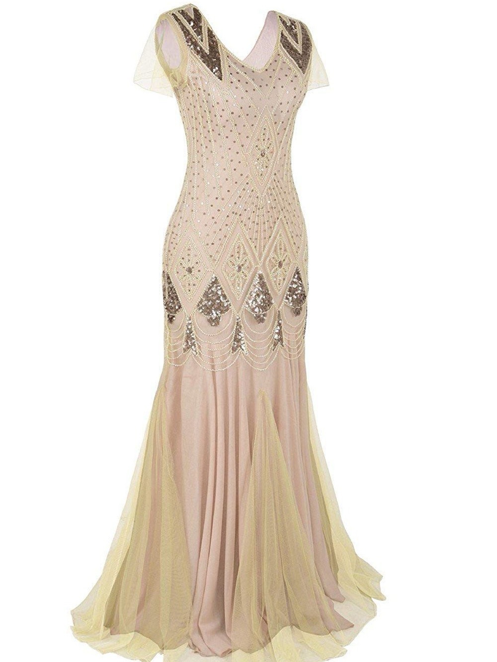 Zapaka Gatsby Champagne Sequin and Bead Flapper Gown